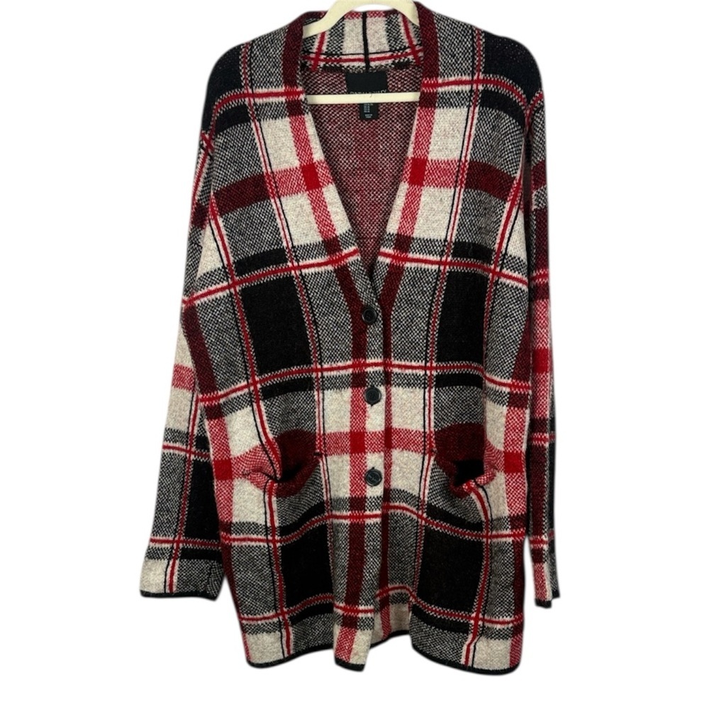 Cynthia Rowley Wool Blend Red Black Plaid Long Line V-Neck Button Up XL Cardigan